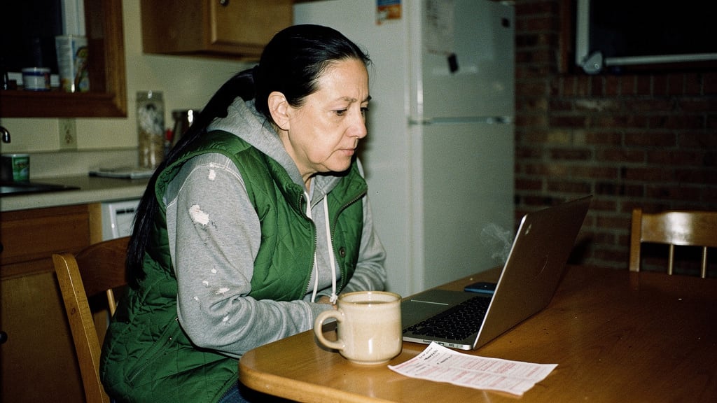 A woman at her kitchen table in the evening with a laptop, a mug of tea and a lottery slip