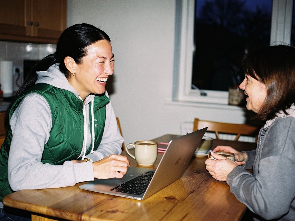 Two friends talking over tea at a kitchen table with a laptop