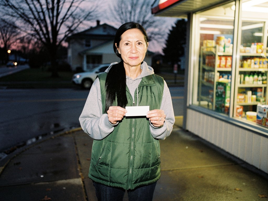 A woman outside a corner store at dusk holding a lottery slip
