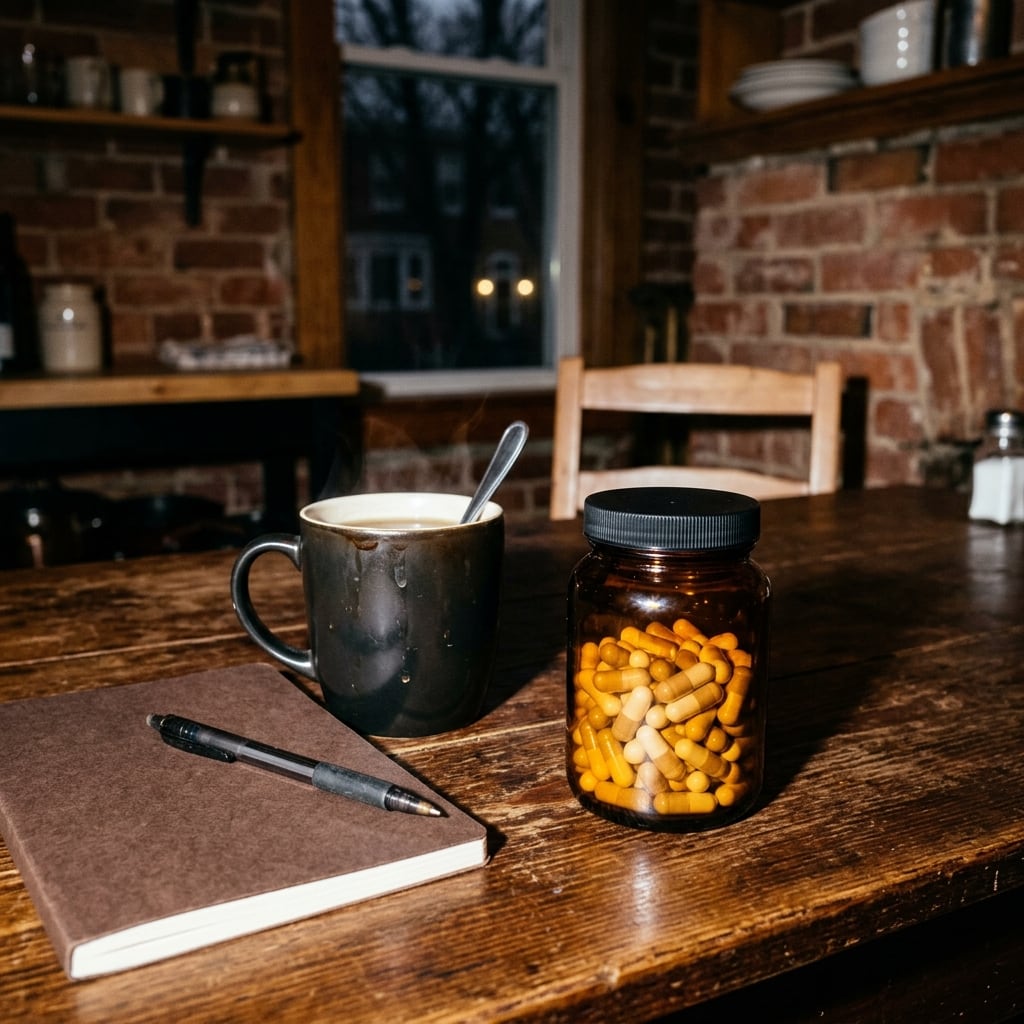 A plain unlabeled jar of capsules next to a mug of tea and a notebook